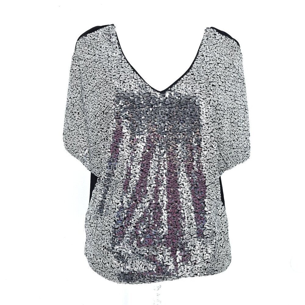 She + Sky Black Silver Sequin V Neck Tunic Party Oversized Top Women's Medium